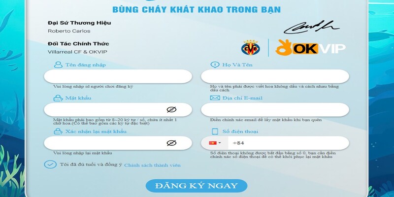 Form đăng ký chơi bắn cá 2D tại 123b