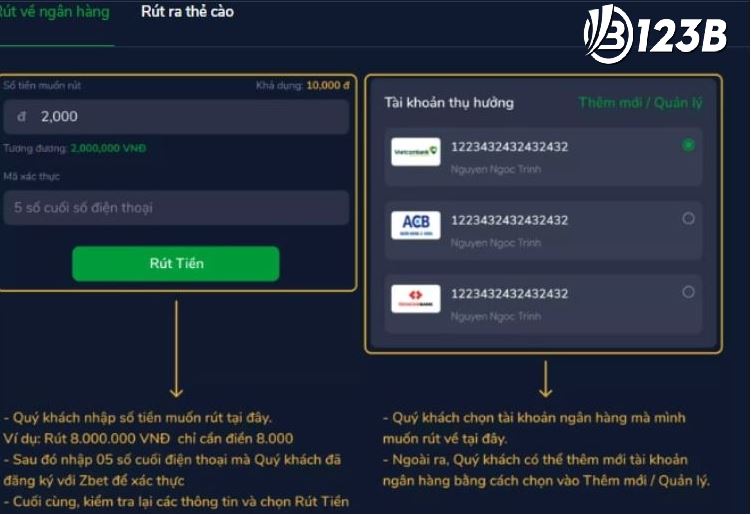 Cách rút tiền về nhanh gọn và an toàn qua hệ thống của 123b