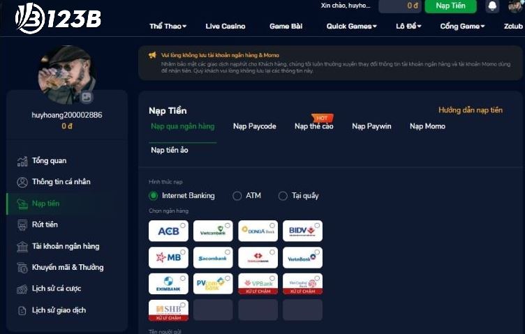 Giao dịch nạp rút tiền trên hệ thống 123b được xử lý cực kỳ nhanh chóng